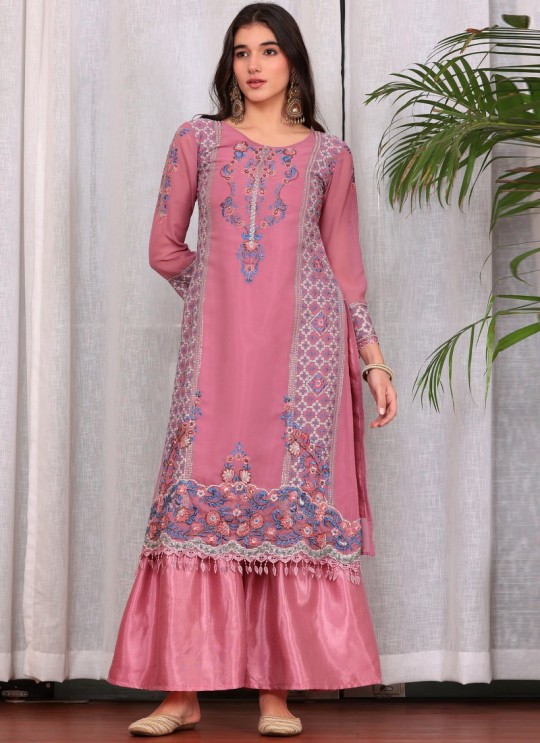 Pink Georgette Embroidered Pakistani Palazzo Suit K-9008